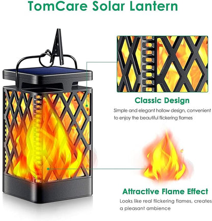 TomCare Solar Lights Outdoor Flickering Flame Solar Lantern Outdoor Hanging Lanterns Decorative Outdoor Lighting Solar Powered Waterproof LED Flame Lights for Patio Garden, 2 Pack(Black)