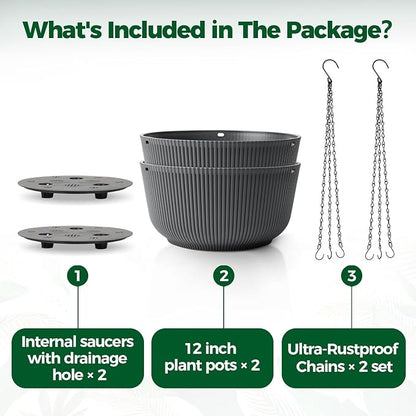 T4U 12 Inch Large Hanging Planters for Outdoor Plants, 2 Pack Self Watering Pots Indoor, Hanging Baskets for Plants,Hanging Flower Pot with Drainage Hole and Plant Hanger, Grey