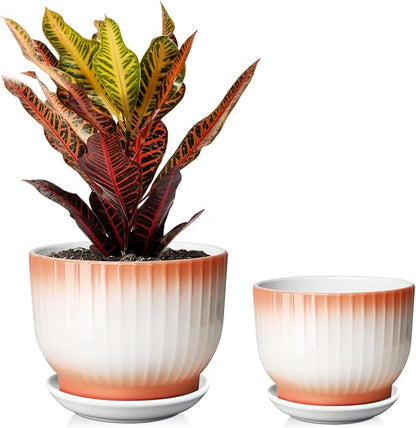 6.7 + 5.5 Inch Ceramic Plant Pots,Planters with Drainage and Saucer,Indoor Pots for Plants,Modern Flower Pots for Home and Office（Orange + White）