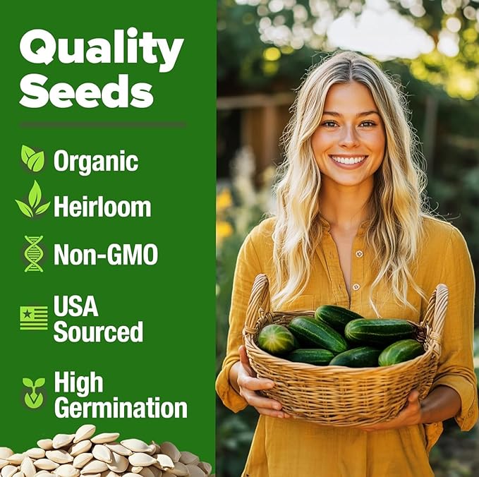 HOME GROWN Non GMO Organic Cucumber Seeds - 200 Marketmore Heirloom Vegetable Seeds for Planting in Trellises, Raised Beds, Containers (Cucumis sativus)