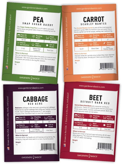 Gardeners Basics Winter, Fall, and Spring Vegetable Seeds for Planting | Cool Weather Crops | 8 Varieties: Sugar Snap Pea, Carrot, Beet, Radish, Lettuce, Broccoli, Kale, Cabbage