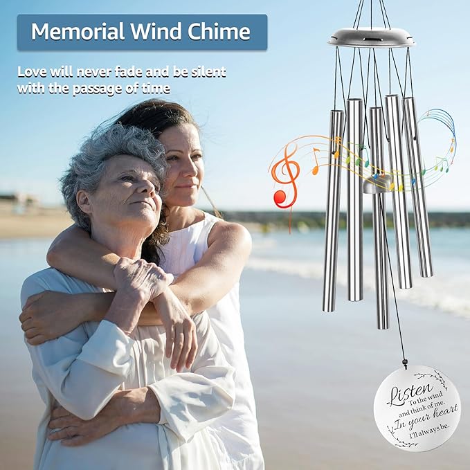Sympathy Wind Chimes for Loss of Loved One, Memorial Windchimes for Lost Father Mother, Remembrance Bereavement Gift, in Memory of Dad Mom Metal Funeral Decor for Garden Outdoor (39“ Silver)