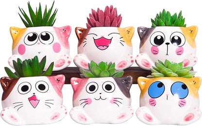 Cute Succulent Pots with Drainage Cat Planters for Indoor Plants 3.4 Inch Tiny Animal Planters Mini Cat Pots Small Ceramic Flower Pot Cartoon Cactus Plant Pots Set of 6