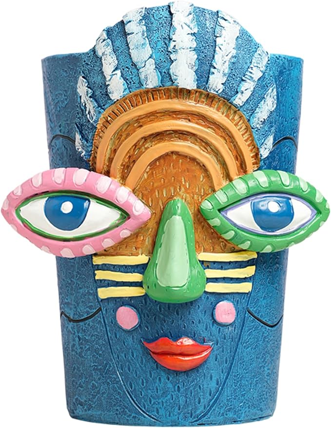 Picasso Blue Face Planter Pots Abstract Art Colorful Funky Plant Pots with Facial Expressions Unique Head Planter for Indoor Plants Home Decor (Small)