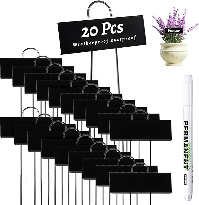20 PCS Metal Plant Labels for Outdoor Garden Weatherproof, Reusable Metal Plant Markers, for Plants Herb Seedlings Flowers (Black)