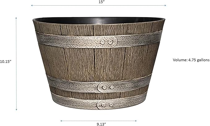 Classic Home and Garden Whiskey Plastic Resin Home Flower Pot Barrel Planter, Oak Brown, 15" (Pack of 2)