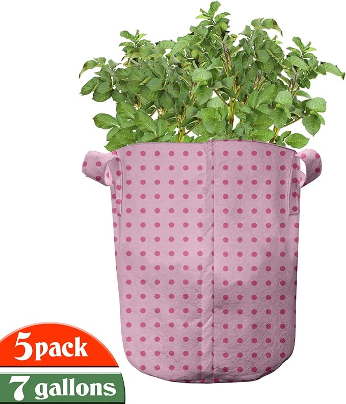 Lunarable Polka Dot Grow Bags 5-Pack, Simplistic Dots, Heavyduty Fabric Pots with Handles for Plants, Pink Magenta