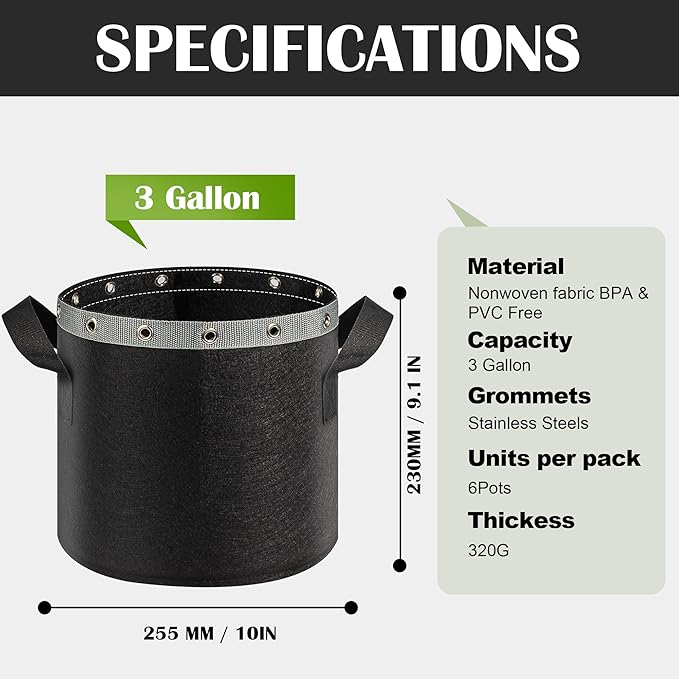 3 Gallon Grow Bags 6 Pack,Premium 3 Gallon Fabric pots for Healthy Plant Growth - Durable and Reusable Garden Bags to Grow Vegetables,Fruits,and Flowers