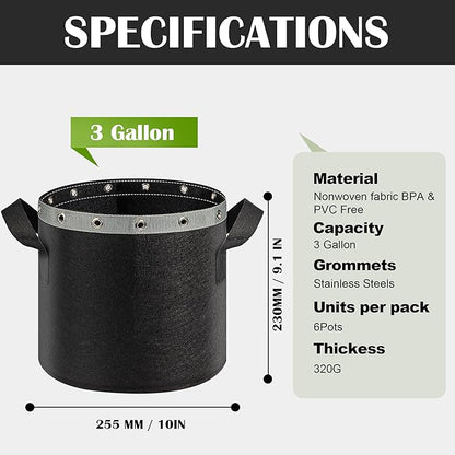 3 Gallon Grow Bags 6 Pack,Premium 3 Gallon Fabric pots for Healthy Plant Growth - Durable and Reusable Garden Bags to Grow Vegetables,Fruits,and Flowers