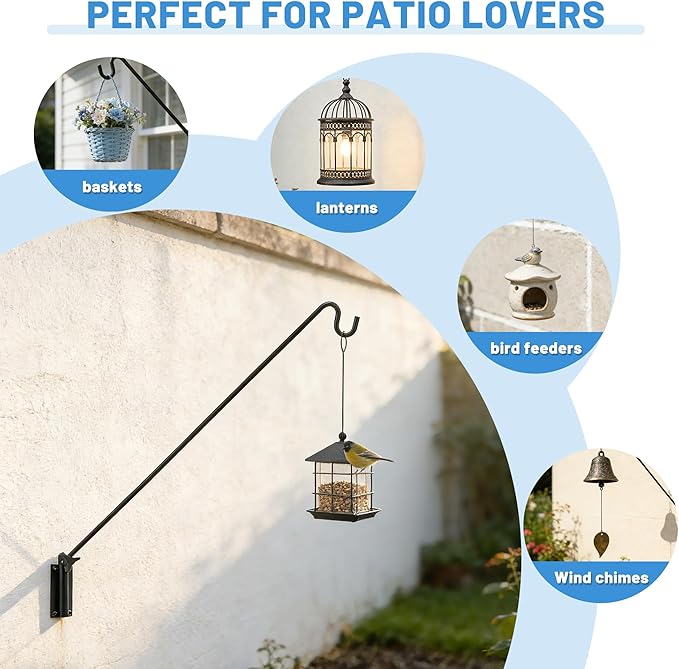 ERYTLLY Extended Reach Deck Hook Wall Pole Wall Mounted, Extensible and Adjustable 28 inch to 43 inch Bracket for Hanging Bird Feeder,Plants,Wind Chimes,Lanterns