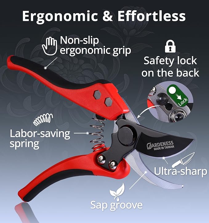 Gardeness Non-Stick Coated Bypass Pruning Shears - Professional Garden Clippers with Comfort Grip Handles, Heavy Duty Hand Secateurs for Trimming Branches, Floral & Yard Work, Arthritis Friendly