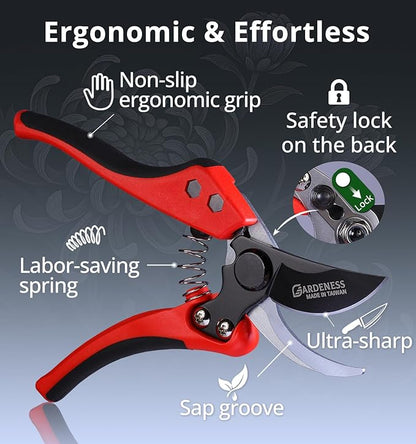 Gardeness Non-Stick Coated Bypass Pruning Shears - Professional Garden Clippers with Comfort Grip Handles, Heavy Duty Hand Secateurs for Trimming Branches, Floral & Yard Work, Arthritis Friendly