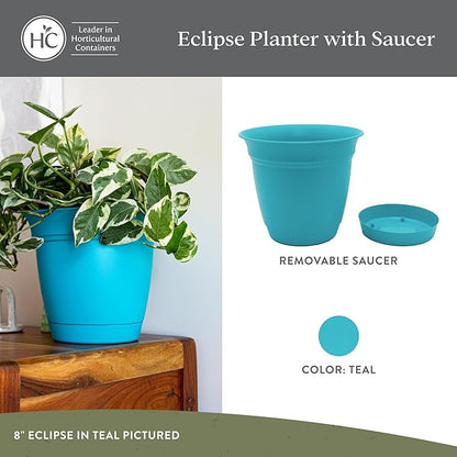 The HC Companies 16 Inch Eclipse Round Planter Pots with Drainage Holes & Attached Saucer, Lightweight UV-Resistant Plastic Indoor & Outdoor Planters, 2-Pack Flower Pots for Garden & Home Decor, Teal