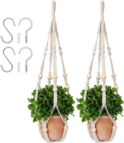 Macrame Plant Hanger 23", Set of 2 No Tassel Hanging Plant Holder Indoor, Sturdy Flower Pot Holder with 4 Hooks - Ivory (Pot NOT Included)