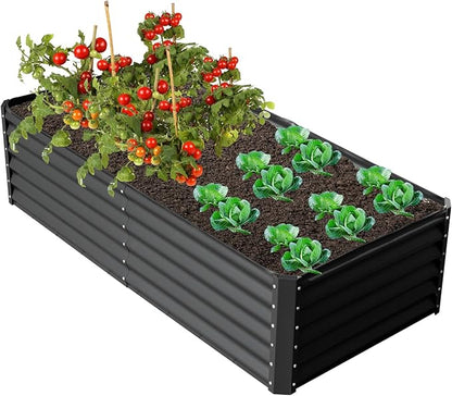Domi 6x3x1.5ft Metal Raised Garden Beds Outdoor, Thickened Galvanized Steel Deep Root Planter Box with Stabilizing Bars & Rubber Edging for Vegetables, Flowers, Herbs - Dark Gray