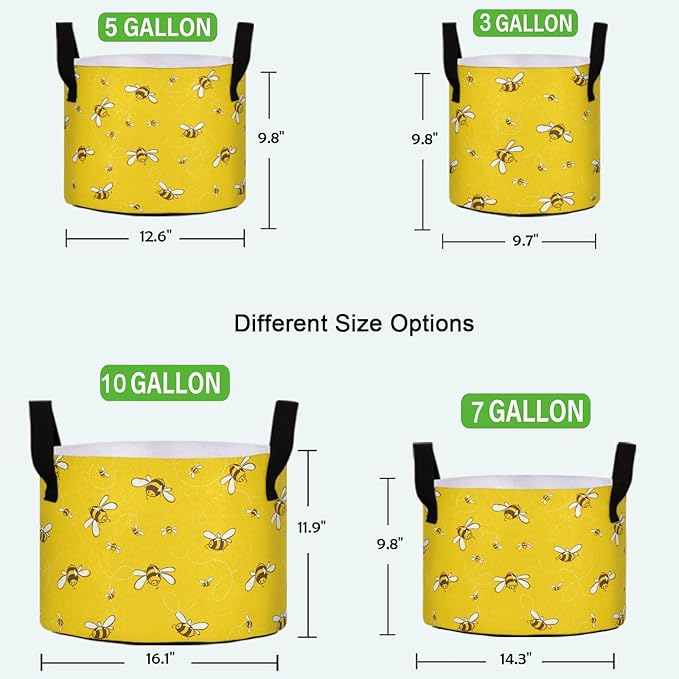 7 Gallon Flying Bees Yellow Floral Breathable Tomato Grow Bags Heavy Duty Plant Pot Containers with Handles for Potato Fruits Flowers Vegetables