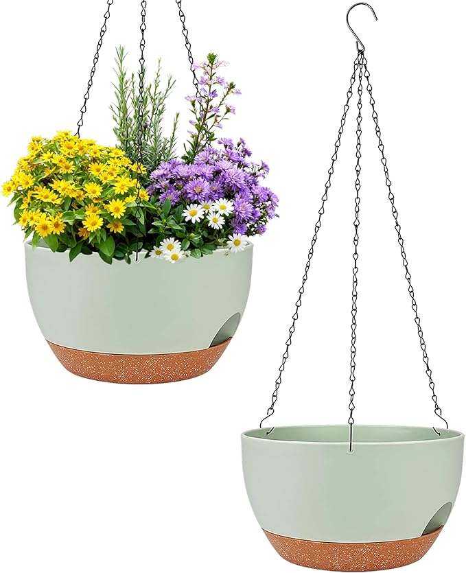 Set of 2-8 Inch Self Watering Hanging Planters for Indoor Outdoor，Hanging Plant Pots with Drainage & Removable Tray, Hanging Pots Holder for Ivy, Pothos, Ferns, Balcony & Patio, Green Brown