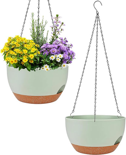 Set of 2-8 Inch Self Watering Hanging Planters for Indoor Outdoor，Hanging Plant Pots with Drainage & Removable Tray, Hanging Pots Holder for Ivy, Pothos, Ferns, Balcony & Patio, Green Brown