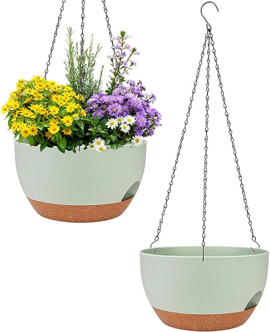 Set of 2-8 Inch Self Watering Hanging Planters for Indoor Outdoor，Hanging Plant Pots with Drainage & Removable Tray, Hanging Pots Holder for Ivy, Pothos, Ferns, Balcony & Patio, Green Brown
