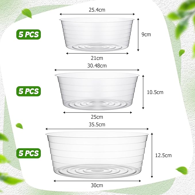 Hoolerry 15 Pcs Plastic Plant Saucer Clear Deep Drip Tray Thickened Clear Plant Saucers Trays for Pots Deep Drip Trays for Home Garden Indoor and Outdoor Potted (10,12,14 Inch)
