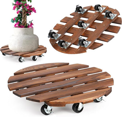 2 Pack 16" Plant Caddy with 7 Wheels, Rolling Plant Stand 500 LB Heavy Duty Wooden Round Plant Dolly with Metal 360° Lockable Caster Wheels for Outdoor Indoor Large Plant Pots, Flower Pot, Patio