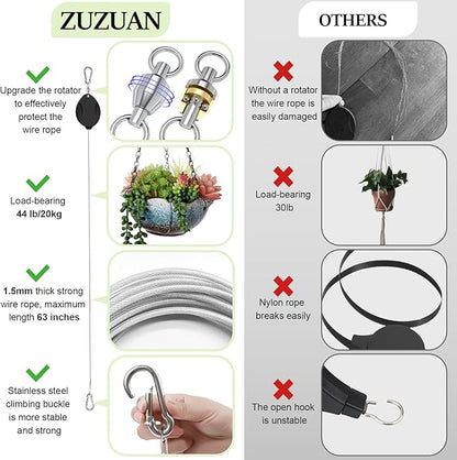 3 Pcs Upgraded Heavy Duty Retractable Plant Hanger,Plant Pulleys for Hanging Plants,Easy to Raise and Lower,Auto Lock,Adjustable Hook for Garden Baskets Pots,Birds Feeder and Grow Lights,Black
