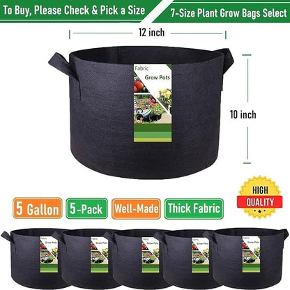 5-Pack 5 Gallon Thickened Plant Grow Bags (12x10 inch) Fabric Plant Pots for Flower Pot,Potato Tomato Planters,Herbs Veggies Planter Bag,Garden Pot,Barrel Planter,Plant Container with Gardening Gloves