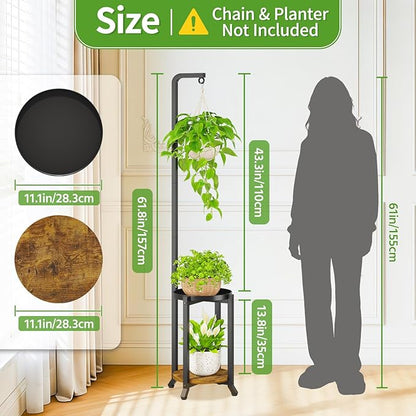 KMOTASUO Black 2 Tier 61.5 Inch Plant Stand Indoor with Hanging Ring, Tall Large Heavy Duty Metal Vertical Rack for Multiple Planter, Sturdy Rustic Corner Flower Shelf Holder Organizer for House Patio
