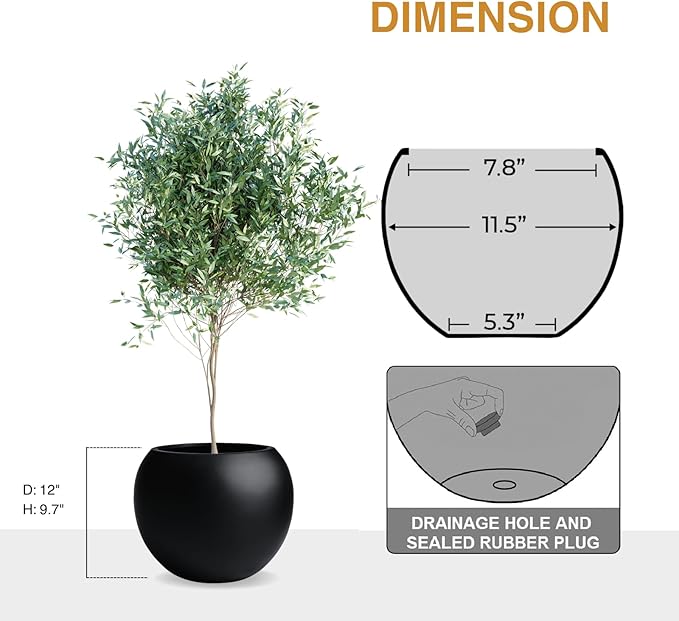 9.7" H x 12" D Globo Fiberstone Round Planter with Drainage Hole, Smooth Finishes, Weather Resistant for Indoor and Outdoor Use, Included 2 Extra Coco Mats (Black, 7.8" Pot Opening)