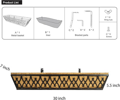 2 Pack 30 Inch Window Boxes Planters Railing Planter Box with Adjustable Brackets for Porch Fence Patio Balcony Hanging Flower Baskets with Coco Liners for Outdoor Garden Décor - Bronze
