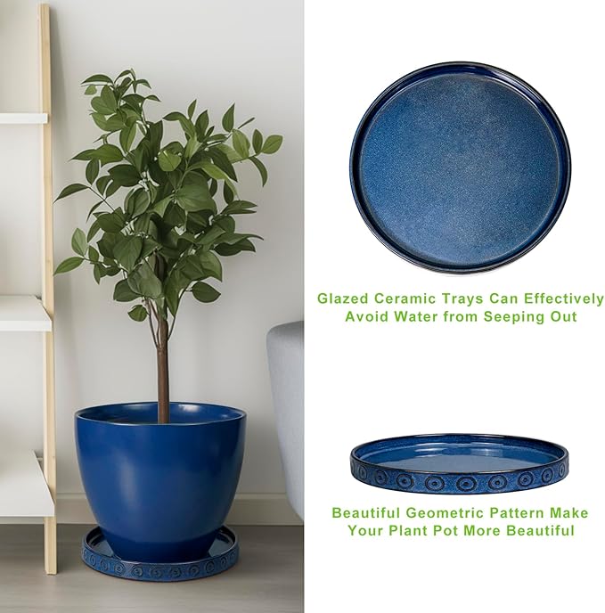 Plant Water Catcher Tray - Ceramic Plant Saucer for Outdoors 7.5 Inch Plant Pot Saucer Plant Drip Tray for Potted Plants Drainage Decorative Round Flower Pot Saucer Blue