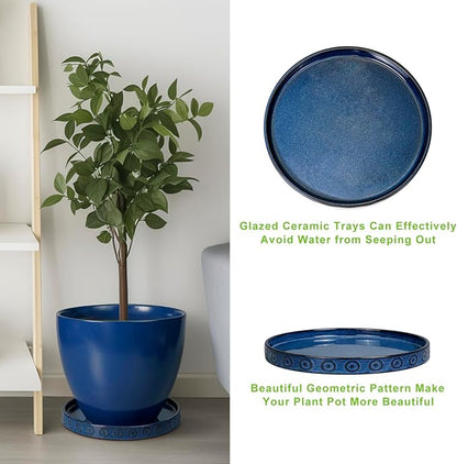 Plant Pot Saucer - 11.4 Inch Plant Saucer for Outdoors Ceramic Plant Tray for Indoors No Holes Large Plant Drip Trays Round Flower Pot Saucer Plant Dishes to Catch Water Blue