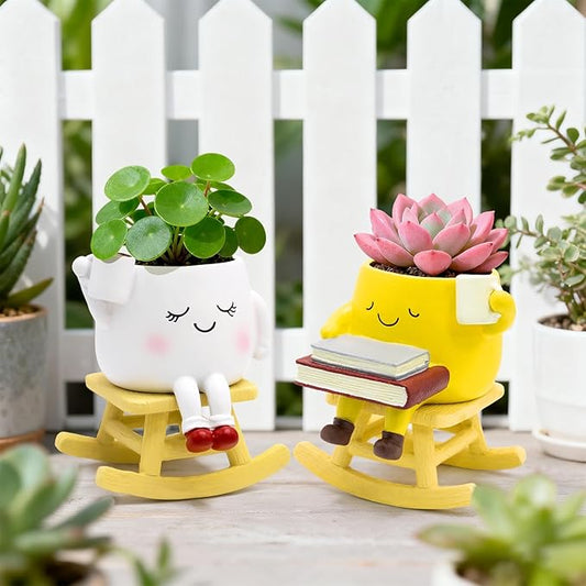 Smily Face Rocking Chair Planter - Cute Resin Book Coffee Succulents Plant Pots with Drainage Hole for Indoor Outdoor Garden, Gift IdeaI for Mother Appreciation Christmas (White and Yellow)