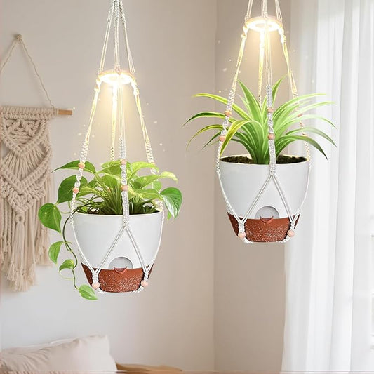 Hanging Grow Lights for Indoor Plants: 2 Pack Macrame Plant Hangers with Grow Lights and Self-Watering Pots, 10 Inch Large Hanging Pots with Drainage Holes & Removable Tray
