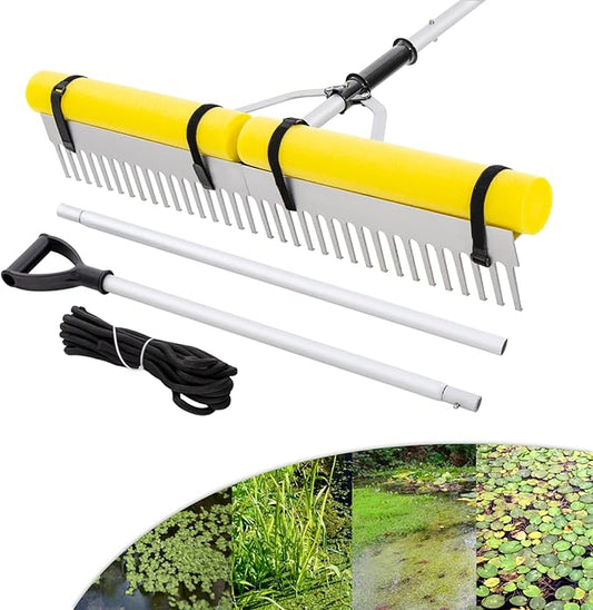IRONMAX Lake Rake, 36’’ Folding Aluminum Aquatic Weed Rake Weed Cutter with Foam Floats, Extended Handle & Rope, Weed Rake for Algae Removal Plant Cutting