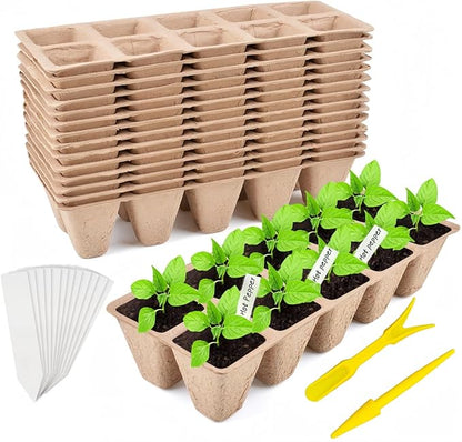 480 Cells Seed Starter Tray 48 Packs Biodegradable Peat Pots Germination Trays Organic Seed Starting Trays kit with 48 Labels 2 Transplant Tools