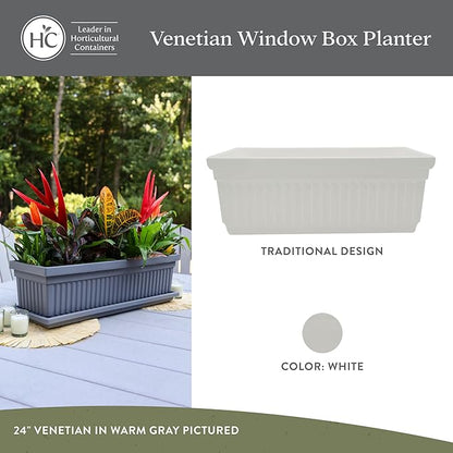 The HC Companies Venetian Window Planter Box w/Drain Plug - Long Planter Box for Windowsills, Balconies & More - Plastic Large Rectangular Outdoor Planters for Herbs & Flowers (30" White, Pack of 1)