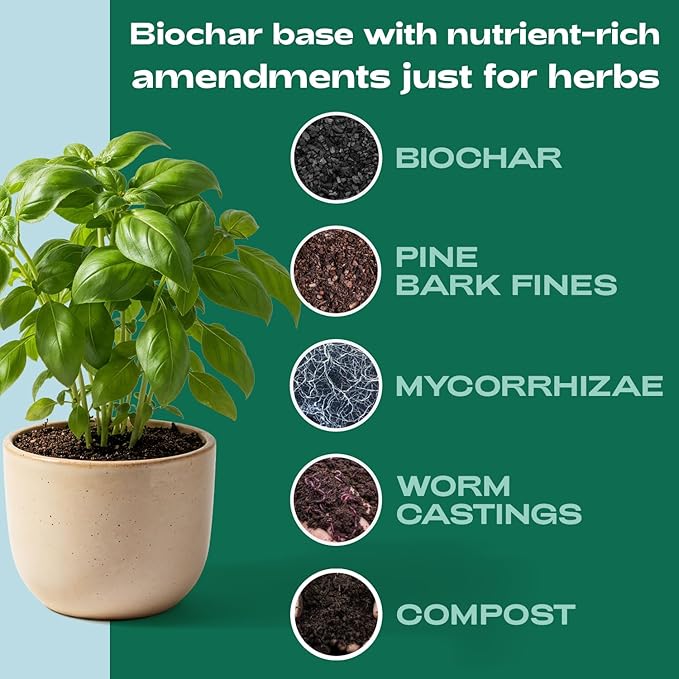 Rosy Soil Herb Mix - Organic Potting Mix for Herbs - Enriched with Biochar, Worm Castings for Root Development, Nutrient Uptake, and Strong Flavor - Fast Draining, Peat Free, Less Prone to Gnats - 4qt