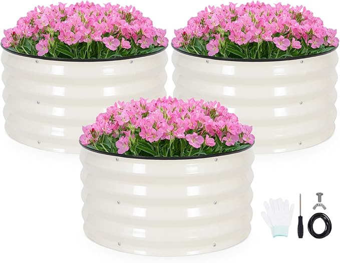 INNO STAG 3 Pcs Round Galvanized Raised Garden Bed — 2×2×1ft Planter Box Outdoor Raised Beds Kit for Gardening Vegetables, Fruits, Herbs, and Flowers, White