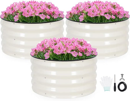 INNO STAG 3 Pcs Round Galvanized Raised Garden Bed — 2×2×1ft Planter Box Outdoor Raised Beds Kit for Gardening Vegetables, Fruits, Herbs, and Flowers, White
