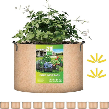 iPower 20 Gallon 10 Pack Grow Bags Nonwoven Fabric Pots Aeration Container with Strap Handles for Garden and Planting, 10-Pack Tan, 20 Gallon