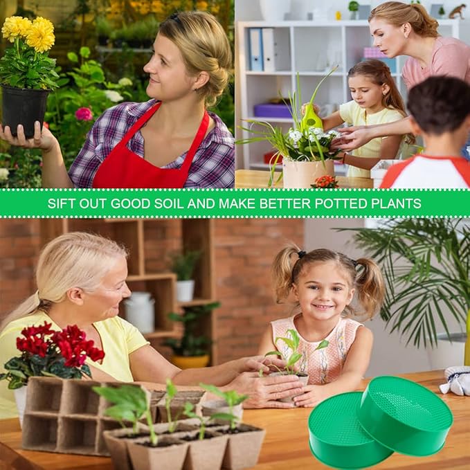 2Pcs Round Garden Soil Sieve Pan Plastic Sand Sifter Set for Sieve Work of Small Gravel, Soil, Sand（Green）