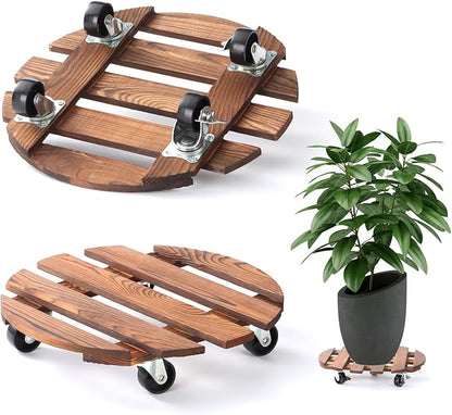 2 Pack 12" Plant Caddy with Wheels, Rolling Plant Stand 220 LB Heavy Duty Wooden Round Plant Dolly with Metal 360° Lockable Caster Wheels for Outdoor Indoor Large Plant Pots, Flower Pot, Patio