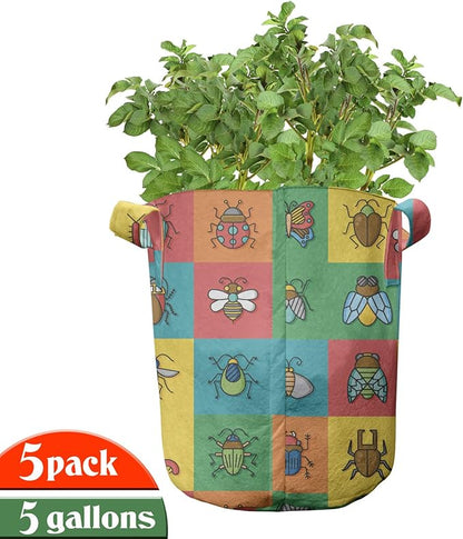 Ambesonne Camouflage Grow Bags 5-Pack, Pixel Woodland Camo Art, Heavyduty Fabric Pots with Handles for Plants, Green Cocoa