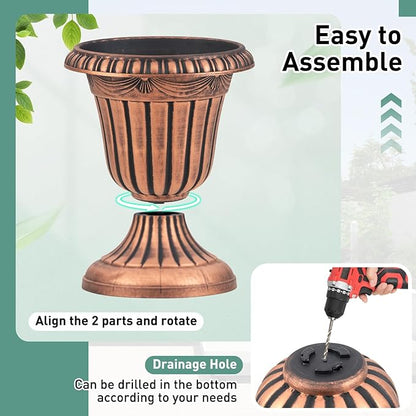 Giantex 18" Tall Vintage Planters Set of 2, Urn Plastic Flower Pots with/Pedestal Base & Pre-Marked Drain Hole, Indoor Outdoor Decorative Plant Containers for Front Porch Home Wedding, Bronze
