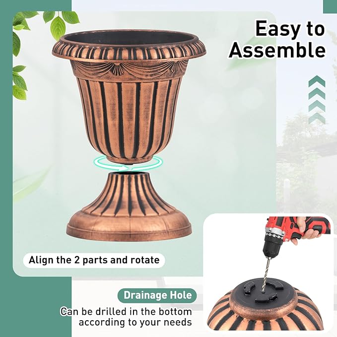 Giantex 18" Tall Vintage Planters Set of 4, Urn Plastic Flower Pots with/Pedestal Base & Pre-Marked Drain Hole, Indoor Outdoor Decorative Plant Containers for Front Porch Home Wedding (Bronze)