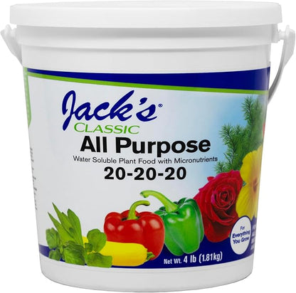 Jack's Classic 20-20-20 All Purpose Water-Soluble Fertilizer with Micronutrients to Provide General Growth on All Plants, 4lbs