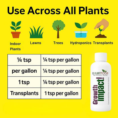 Growth Impact Super Concentrated Vitamin Solution - GS Plant Foods Plant Liquid All Purpose Plant Nutrition Vitamins and Hormones for All Types of Plants, Trees or Turf (8oz)