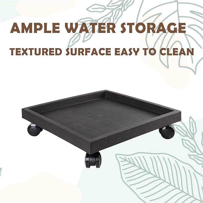 13 Inch Square Rolling Plant Caddy Saucer with Wheels, Heavy Duty Wheeled Planter Stand for Potted Plant, Coaster Roller Base Tray with Casters, Flower Pot Dolly Holder for Indoor Outdoor