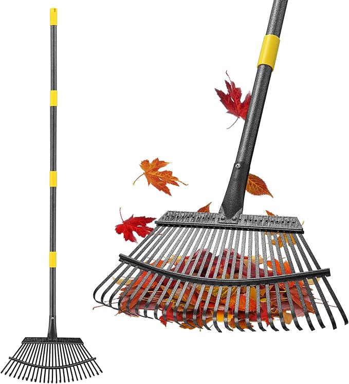 Rake, Gardening Rakes for Leaves Lawns Heavy Duty, 79 in Leaf Rake with 25 Clog-Free Tines, 18.5” Wide Large Head, Metal Garden Tools for Yard Quick Cleanup Garss, Debris, Detachable for Camping